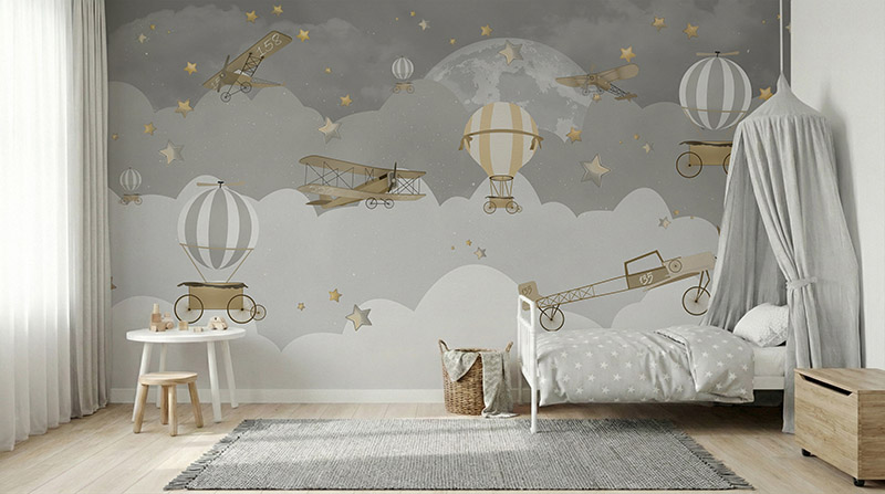 Tapeta Samoloty i balony wśród chmur i gwiazd