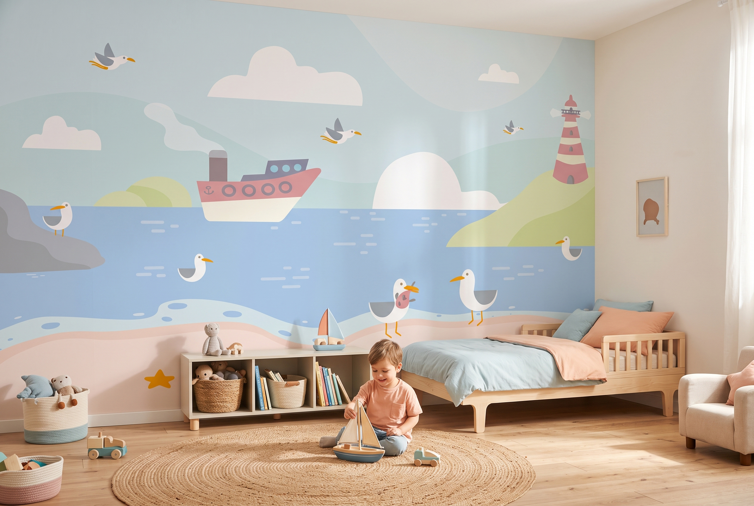 Pastelowa fototapeta Bajkowa plaża z parowcem, latarnią morską i mewami nad łóżkiem dziecka