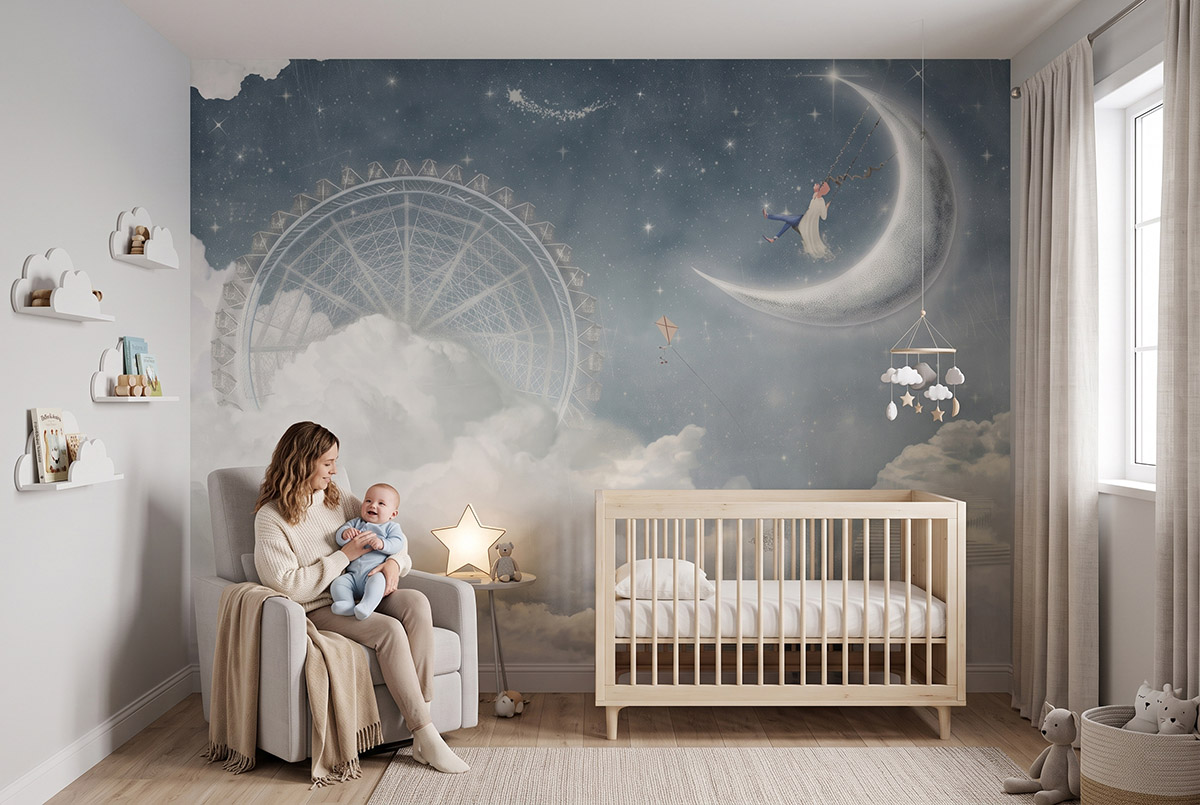 Fototapeta nocne niebo do pokoju dziecka nad łóżeczkiem, granatowa ściana z księżycem i gwiazdami