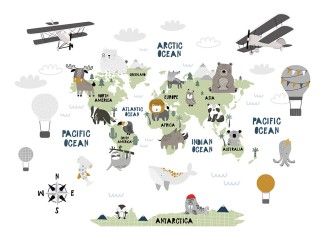 Mapa Świata ze zwierzętami, balonami i samolotami