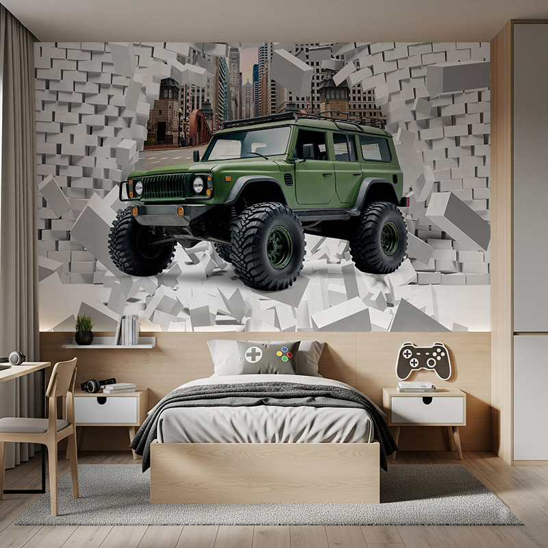 Zielony samochód niszczy mur #ul830