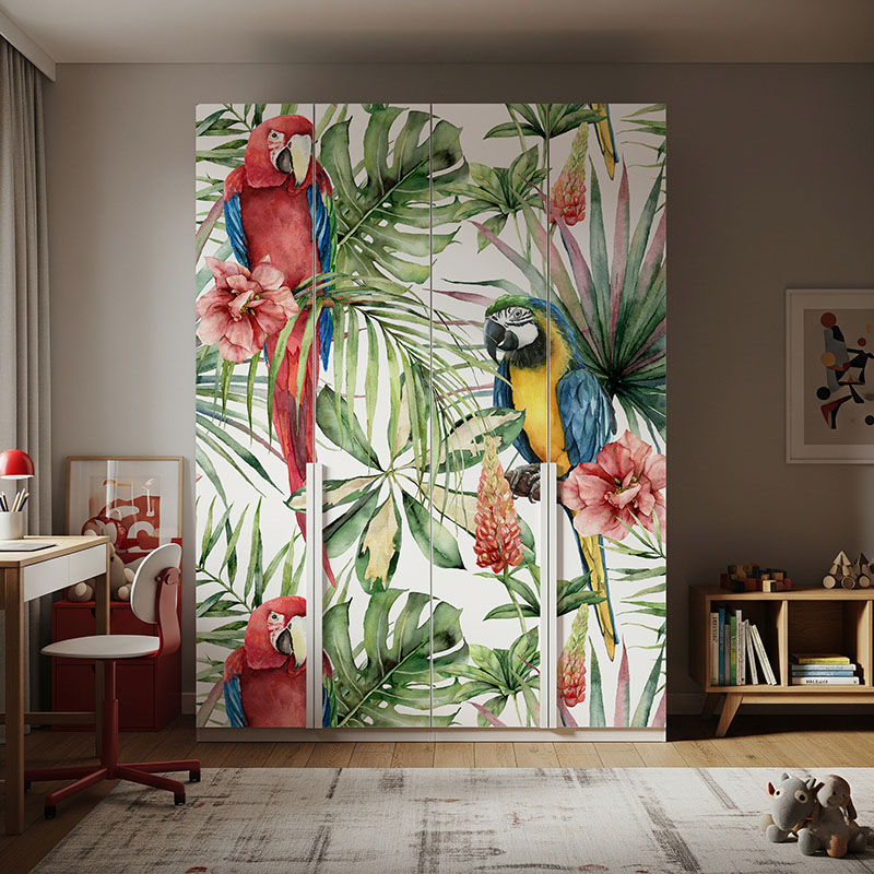 Kolorowe papugi na liściach, wzór #ul738