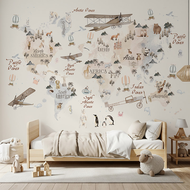 Mapa świata ze zwierzętami i samolotami #ul771