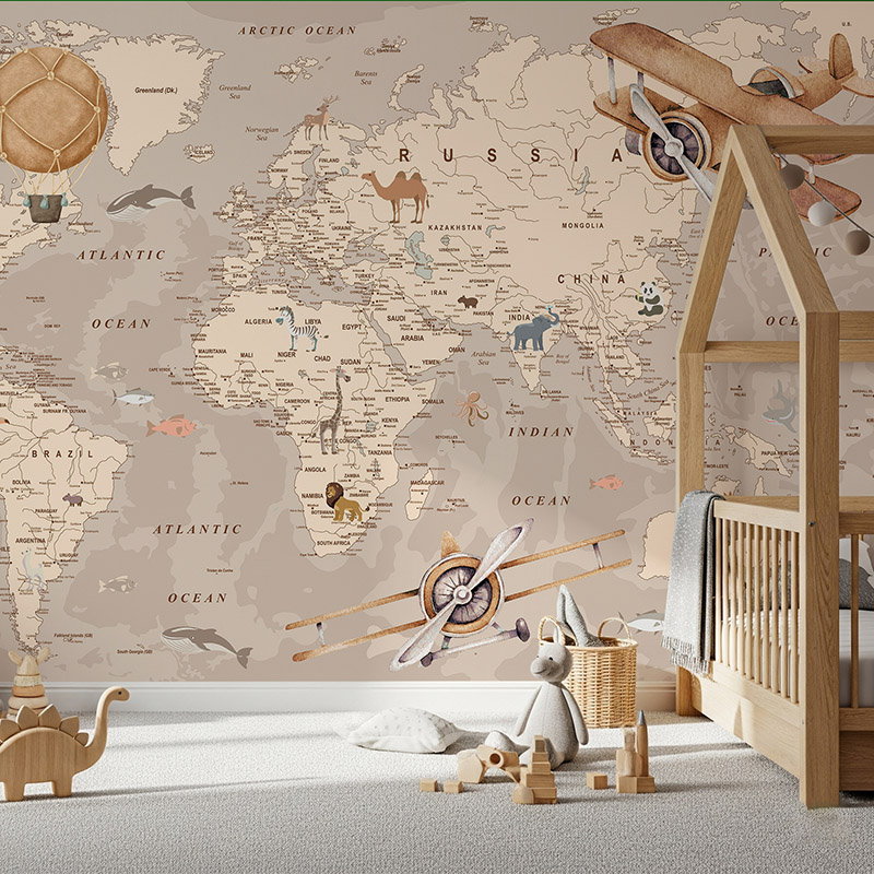 Mapa świata ze zwierzętami i samolotami #ul776