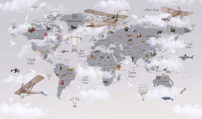 Mapa świata, zwierzęta i samoloty
