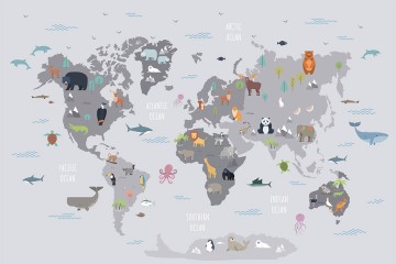 Mapa świata i urocze zwierzątka