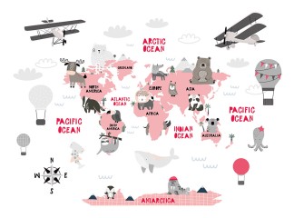 Mapa Świata ze zwierzętami, samolotami i balonami