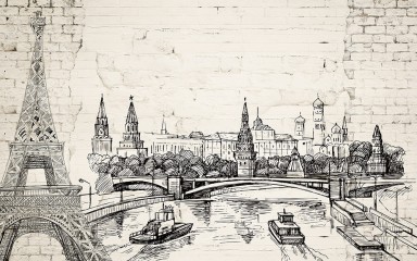 Szkic budynków na ceglanej ścianie