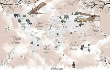 Mapa świata ze zwierzętami i samolotami
