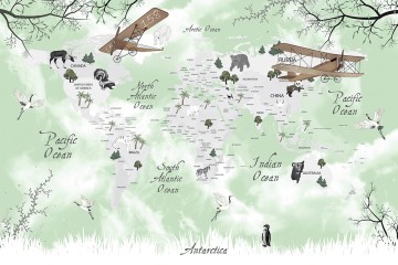 Mapa świata ze zwierzętami i samolotami