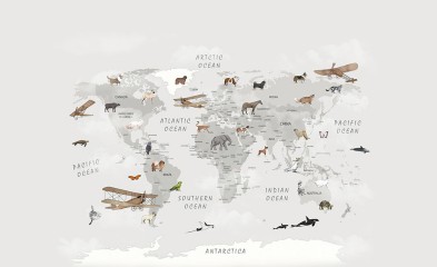 Mapa świata ze zwierzętami i samolotami