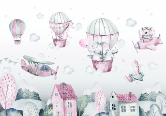 Samoloty i balony ze zwierzątkami nad miastem