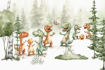 Wesołe dinozaury bawiące się w lesie