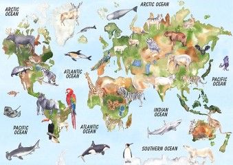 Malowana mapa świata ze zwierzętami