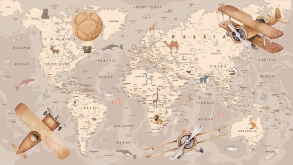 Mapa świata ze zwierzętami i samolotami