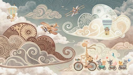 Zwierzęta na rowerach w abstrakcyjnych chmurach