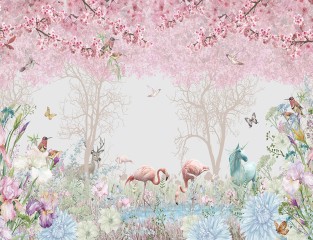 Jednorożec i flamingi w bajkowym lesie