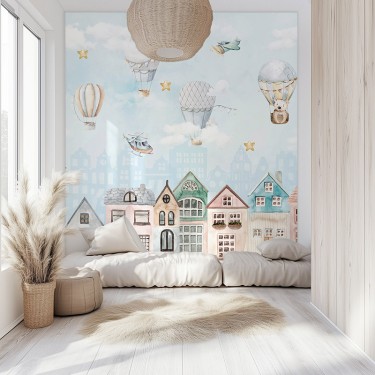Tapeta Balony i samoloty nad miastem