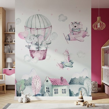 Tapeta Samoloty i balony ze zwierzątkami nad miastem