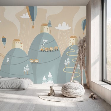 Tapeta Dziecięca ilustracja gór i domków