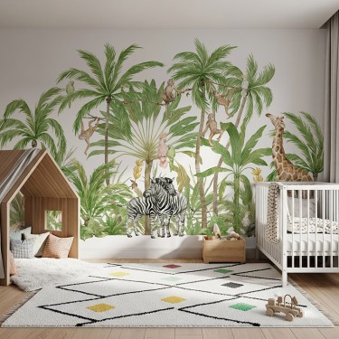 Tapeta Żyrafy zebry i małpki wśród palm