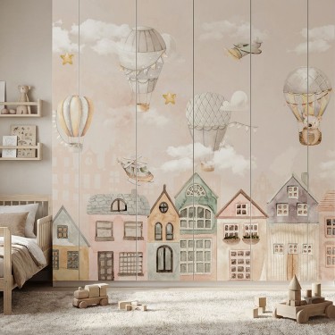 Naklejka na meble Balony ze zwierzętami nad miastem