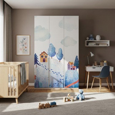 Naklejka na meble Dziecięcy krajobraz z górami, lasem i domkami