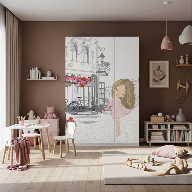 Naklejka na meble Dziewczynka przed kamienicą