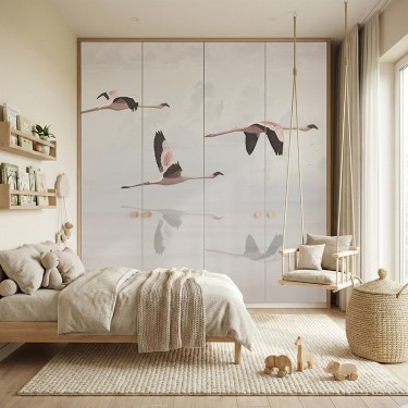 Naklejka na meble Flamingi lecące nad jeziorem