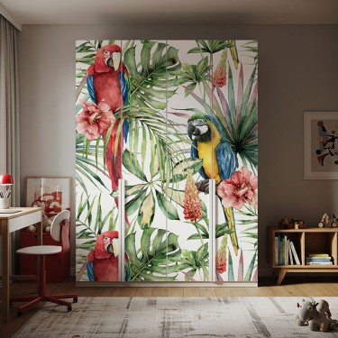 Naklejka na meble Kolorowe papugi na liściach