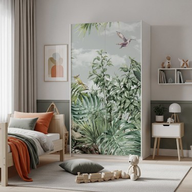 Naklejka na meble Kolorowe ptaki wśród tropikalnych liści