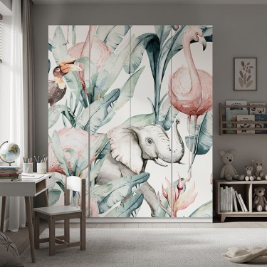 Naklejka na meble Słonik i flaming wśród liści