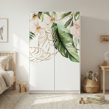 Naklejka na meble Tropikalne liście i różowe kwiaty