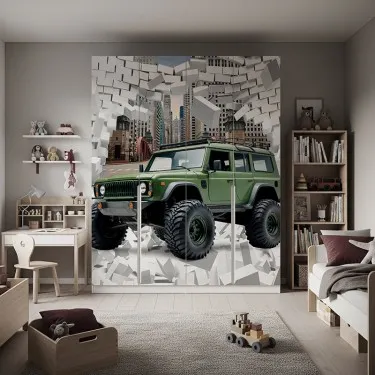 Naklejka na meble Zielony samochód niszczy mur