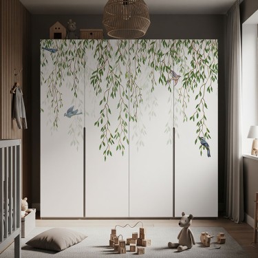 Naklejka na meble Zwisające wierzbowe liście i ptaki