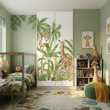 Naklejka na meble Żyrafy zebry i małpki wśród palm