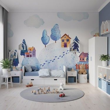 Tapeta Dziecięcy krajobraz z górami, lasem i domkami