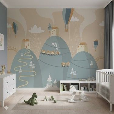 Tapeta Dziecięca ilustracja gór i domków