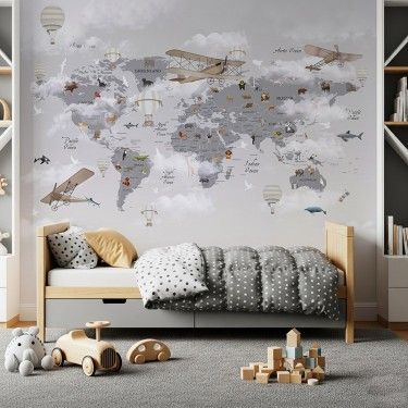 Tapeta Dziecięca mapa świata z samolotami