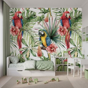 Tapeta Kolorowe papugi na liściach