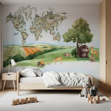 Tapeta Mapa świata i polana ze zwierzętami