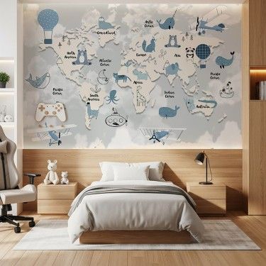 Tapeta Mapa Świata z zabawnymi zwierzętami