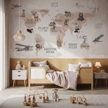 Tapeta Mapa świata ze zwierzętami i samolotami