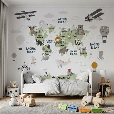 Tapeta Mapa Świata ze zwierzętami, balonami i samolotami