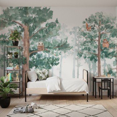 Tapeta Sowy i wiewiórki na drzewach