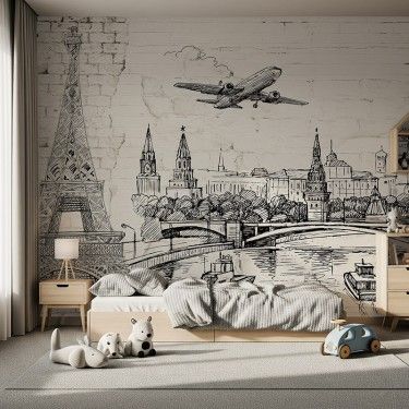 Tapeta Szkic miasta i samolot na ceglanej ścianie